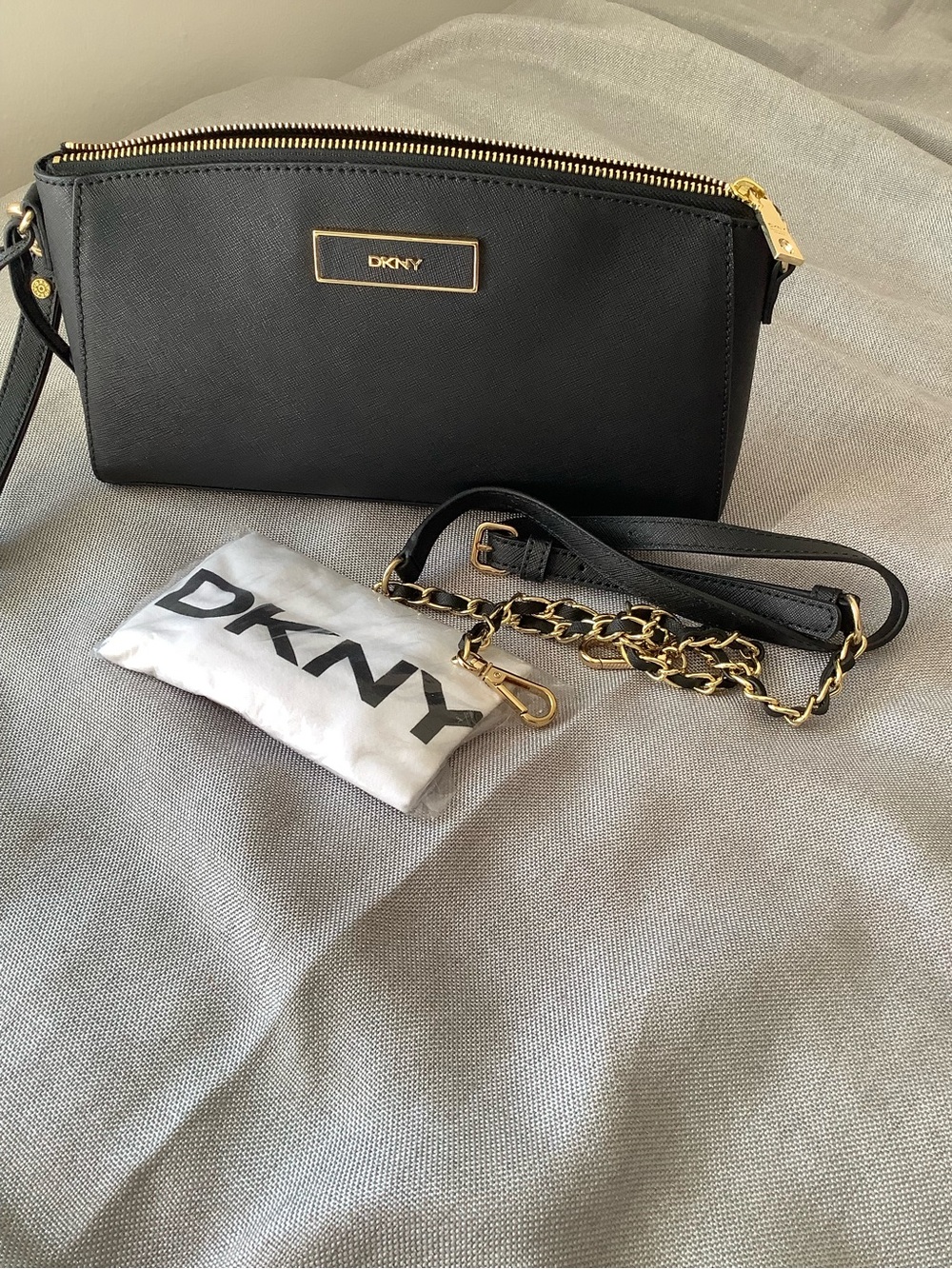 DKNY Black Leather Crossbody with Gold Chain Detail